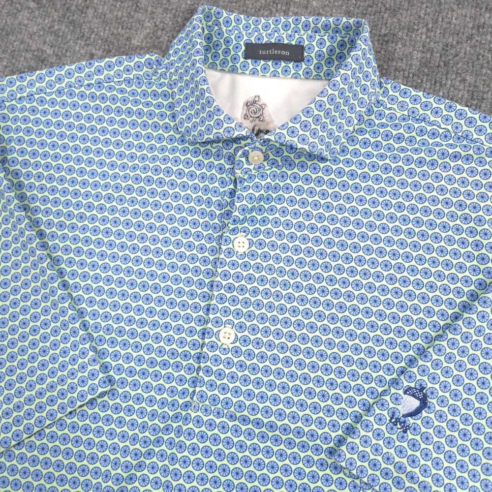 Turtleson Polo Shirt Mens M Blue Geometric Citrus AOP Oakley Country Club Golf